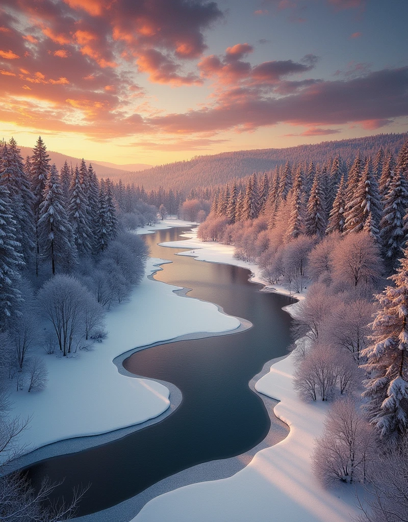 Visualize a tranquil winter scene. Imagine a sprawling forest full of firs and pines, their branches dusted with fresh white snow. The forest is bisected by a semi-frozen river, its waters partially covered by snow and ice, yet still flowing under the frigid surface. The sky above is painted with the colors of a beautiful sunset, a blend of oranges, purples, and pinks casting a warm glow on the chilly surroundings.