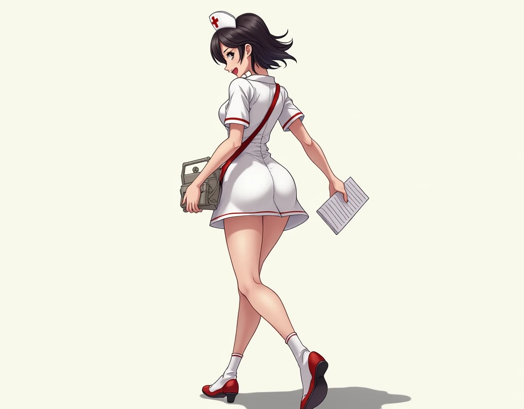 anime nurse from behind, form fitting nurse dress, looking to the front, carrying documents, wide pronounced hips, shaking hips to the left, walking.
