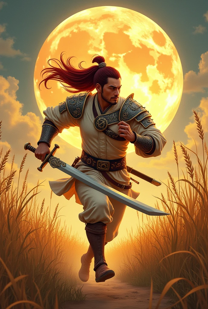 Male beautiful asian warrior light stubble light leather armour longsword long dark red hair running through high grass with big jaguar harvest moon art deco style