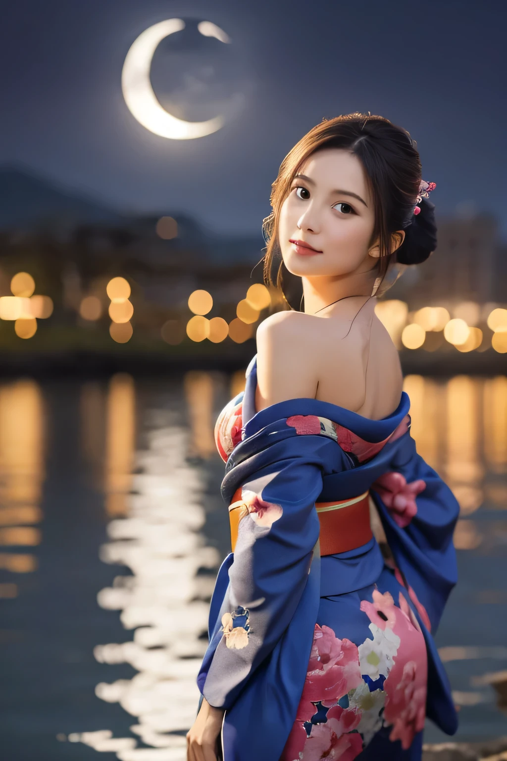 (A beautiful girl dancing in a twelve-layered kimono:1.8), (Baby Face:1.2), (sad:1.5), (Hands on chest:1.3), (Open your mouth:1.3), (Highest quality:1.4), (Highly detailed and realistic skin:1.3), (Very detailedな髪と顔), (Look up:1.5), (Large waning moon in the background:1.3), Very detailed, (Flat Chest:1.3), (Skinny body type:1.3), (Off the shoulder:1.3), (Face close-up:1.5), Lake at night, (The moon reflects on the lake:1.5), Smooth, Very detailed CG synthesis 8k wallpaper, High-resolution RAW color photos, Professional photography, Light, BackLight, dream-like, impressive, Written boundary depth