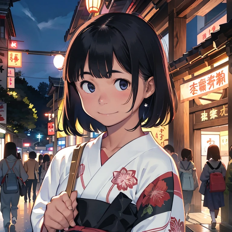 ２People Girl、Sisters、 Girls、Sparkling Eyes、Naive girl、shrine、summer night、Japan Summer Festival、stall、Lantern、(kimono、Girl in Yukata、A girl holding a fan)、shrineの境内を並んで歩いている、smile、Red cheeks、slender、Looking up、Tilt your head、short bobcut hair, fullbody shot, flont view, front shot, looking at viewer, (detail hair, detail face, detail face)