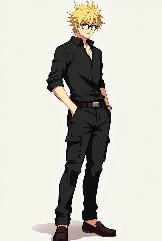 Handsome Men anime character with hairstyles like a Sailor Uranus, hair blonde color. wearing glasses, black shirt with collar, black cargo pants and dark chocolate loafers