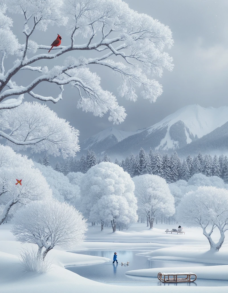 A vast, serene winter landscape is enveloped in a symphony of white. Branches of trees are heavily laden with fresh, fluffy snow, their trunks becoming almost invisible. Delicate snowflakes continue to drift down from the gray, cloudy sky, each one unique and intricate. Snow-capped mountains provide a majestic backdrop in the distance, while in the foreground, a frozen pond mirrors the beauty around it. Amidst this quiet, monochromatic scene are spots of vibrant color: a lone cardinal, its red feathers stark against the whiteness, and a child wearing a bright blue coat, forging a path with a wooden sled.