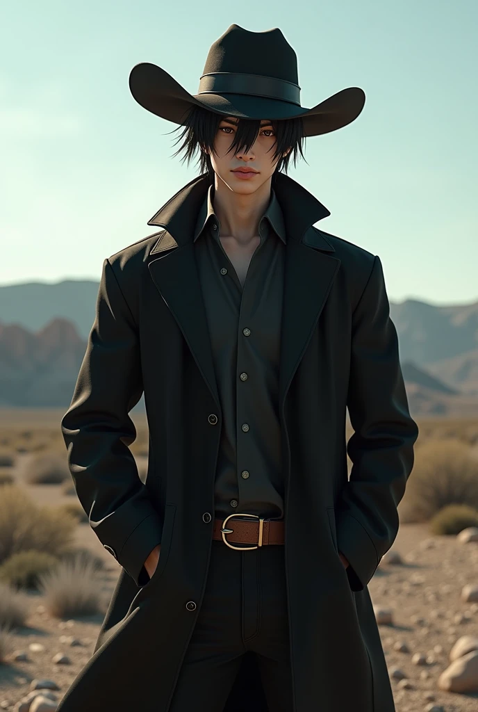 (masterpiece, best quality:1.2), Cowboy shooting, Solitary, Male focus, 1 boy, Gojo Satoru, Smile, Hands in pockets, cover eyes, Black jacket