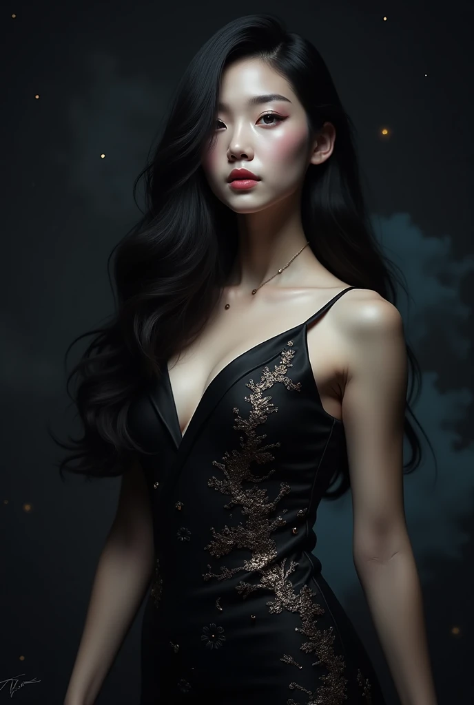 dark techno, cyberpunk,「Realistic image of a Asia Model She is elegant, pale, Perfect and long skin, Flowing black hair that blends with the surrounding shadows. Her kimono is exquisite and meticulous down to the last detail.., dark, Relaxing dark blue and black tones, Exquisitely decorated, Negative patterns that indicate a connection to the supernatural.