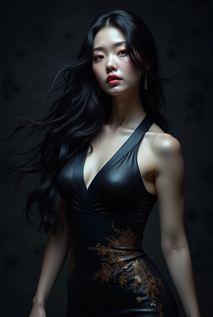 dark techno, cyberpunk,「Realistic image of a Asia Model She is elegant, pale, Perfect and long skin, Flowing black hair that blends with the surrounding shadows. Her kimono is exquisite and meticulous down to the last detail.., dark, Relaxing dark blue and black tones, Exquisitely decorated, Negative patterns that indicate a connection to the supernatural. 