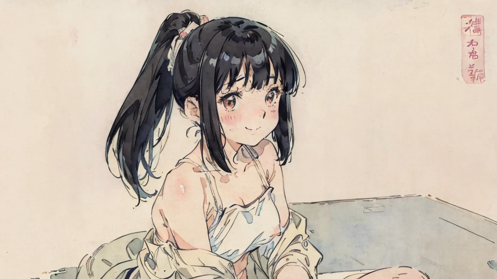 Watercolor style、pale colour、Hand-drawn style、high school girl、smile、Embarrassed、blush、Black Hair、ponytail、Big Breasts、Nipples、Female organ、Thick pubic hair、Completely naked、sit、Spread your legs wide、Butt、locker room