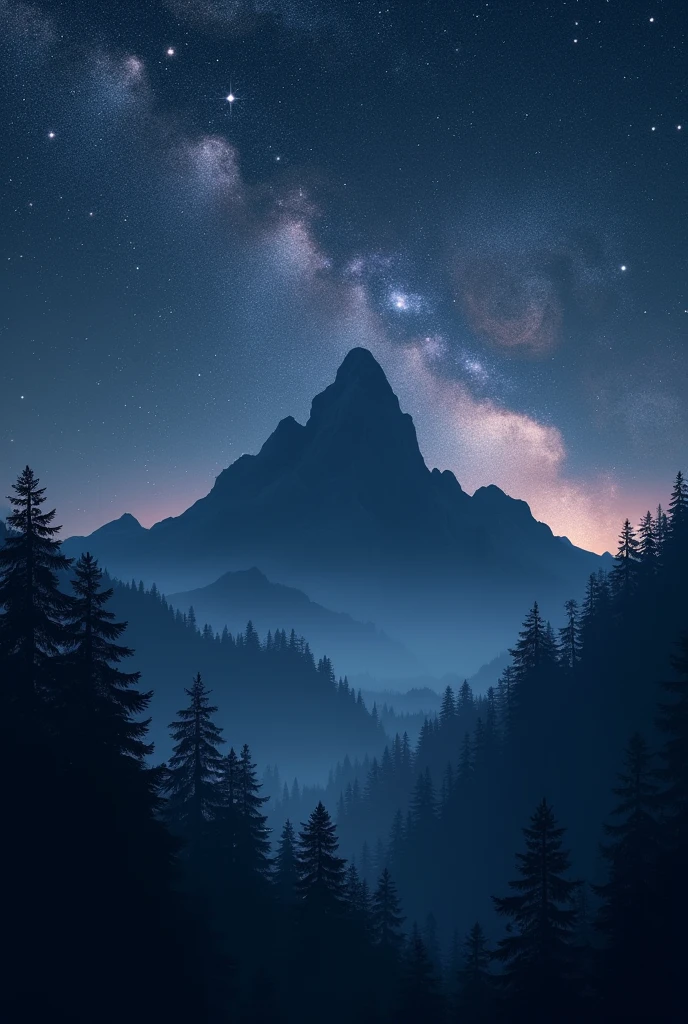 Aesthetic picture of sky, stars, small mountain, trees and universe's natural splendor with dark colours.