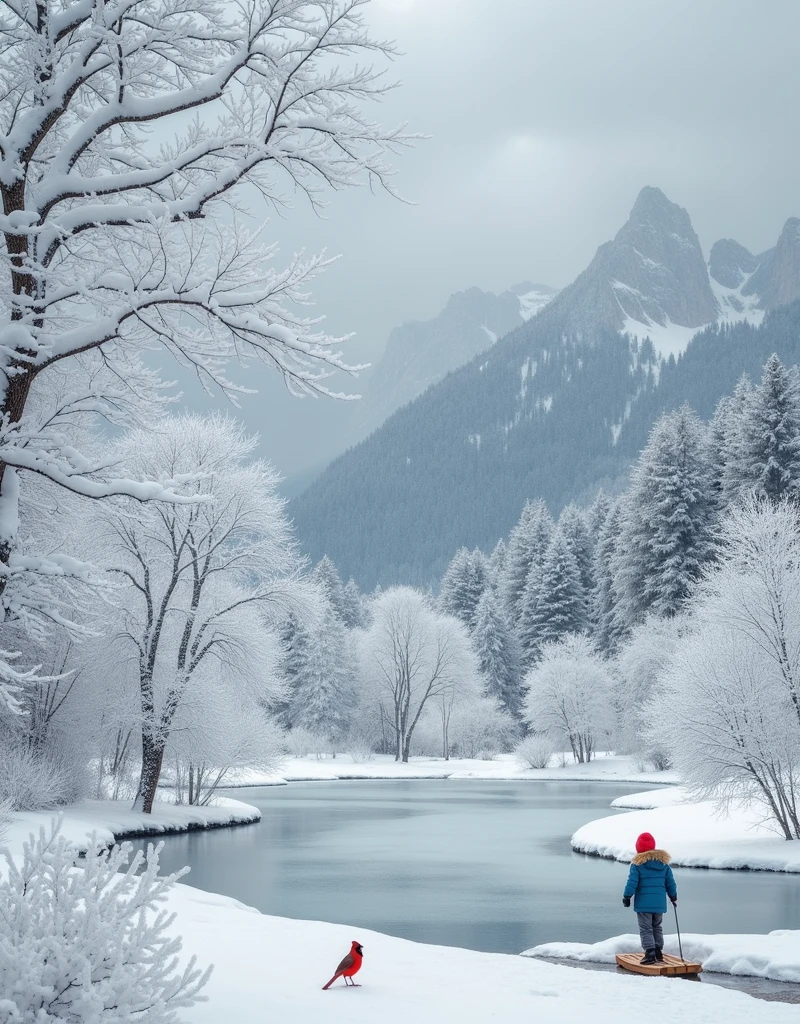 A vast, serene winter landscape is enveloped in a symphony of white. Branches of trees are heavily laden with fresh, fluffy snow, their trunks becoming almost invisible. Delicate snowflakes continue to drift down from the gray, cloudy sky, each one unique and intricate. Snow-capped mountains provide a majestic backdrop in the distance, while in the foreground, a frozen pond mirrors the beauty around it. Amidst this quiet, monochromatic scene are spots of vibrant color: a lone cardinal, its red feathers stark against the whiteness, and a child wearing a bright blue coat, forging a path with a wooden sled.