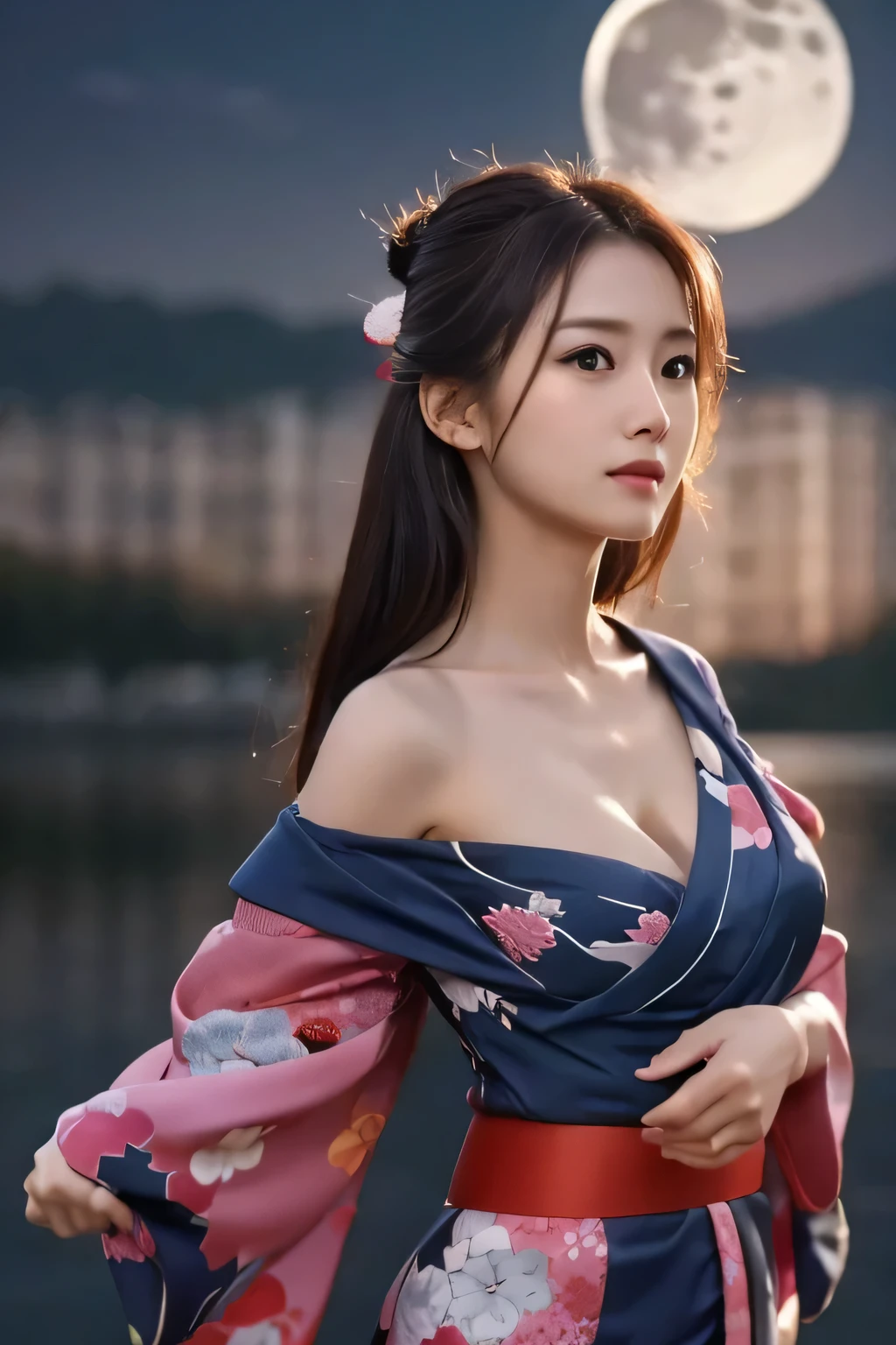 (A beautiful girl dancing in a twelve-layered kimono:1.8), (Baby Face:1.2), (sad:1.5), (Hands on chest:1.3), (Open your mouth:1.3), (Highest quality:1.4), (Highly detailed and realistic skin:1.3), (Very detailedな髪と顔), (Look up:1.5), (Large waning moon in the background:1.3), Very detailed, (Flat Chest:1.3), (Skinny body type:1.3), (Off the shoulder:1.3), (Face close-up:1.3), Lake at night, (The moon reflects on the lake:1.5), Smooth, Very detailed CG synthesis 8k wallpaper, High-resolution RAW color photos, Professional photography, Light, BackLight, dream-like, impressive, Written boundary depth