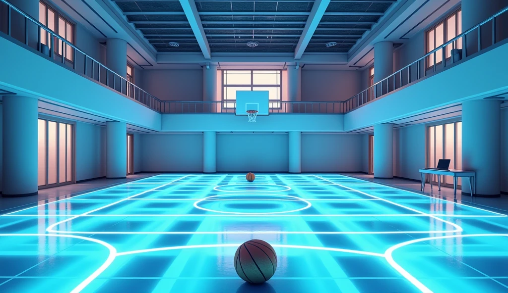 a Japanese school basketball court. the floor is glass with led, the court is empty without any people; there are 2 basketball balls on the floor, and there is a table outside the court with a laptop; masterpiece, super detailed. photo from 45 degrees angle,