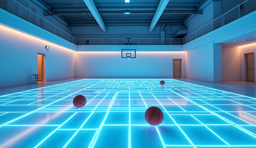 a Japanese school basketball court. the floor is glass with led, the court is empty without any people; there are 2 basketball balls on the floor, and there is a table outside the court with a laptop; masterpiece, super detailed. photo from 45 degrees angle,