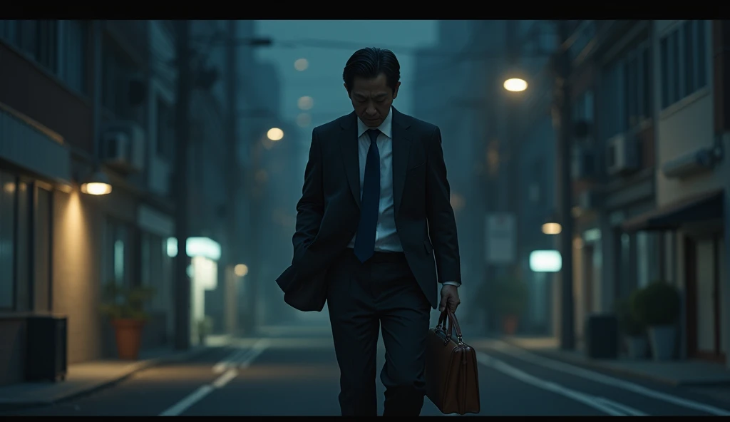 A Japanese salaryman leaving work after finishing overtime. The scene is realistic, depicting him exiting an office building late at night. The salaryman, dressed in a suit, looks tired as he steps out into the quiet night streets. The background shows dark office windows and an empty street, capturing the stillness of the late hour