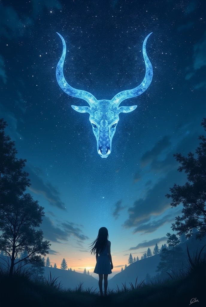 A mystical night sky with infinite stars forming a taurus constellation with bright stars. A girl standing and looking up at the constellation
