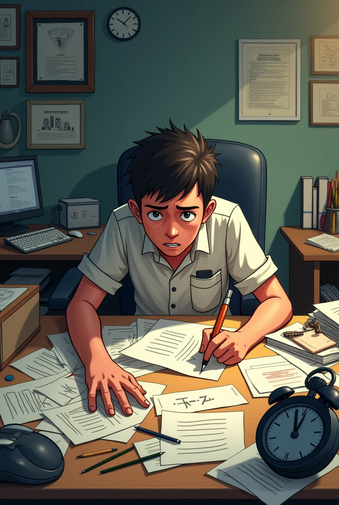 A workspace with a broken stopwatch lying around、Documents and tools scattered around、A person with a lack of concentration continues working。