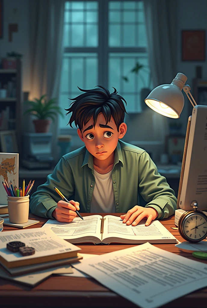 A workspace with a broken stopwatch lying around、Documents and tools scattered around、A person with a lack of concentration continues working。