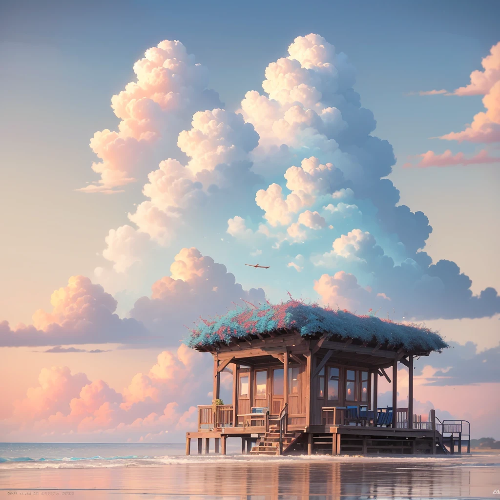 A stunningly detailed photograph of a deep blue summer sky, A nostalgic scene from(2023 Anime Style) Frolic with friends, Childhood memories::0.5, At the beach, Huge summer clouds, HDR and turquoise to blue、Sky with detailed gradient to black, Professional photographer shot the scene with a DSLR and wide-angle lens, Dramatic --ar 3:2
