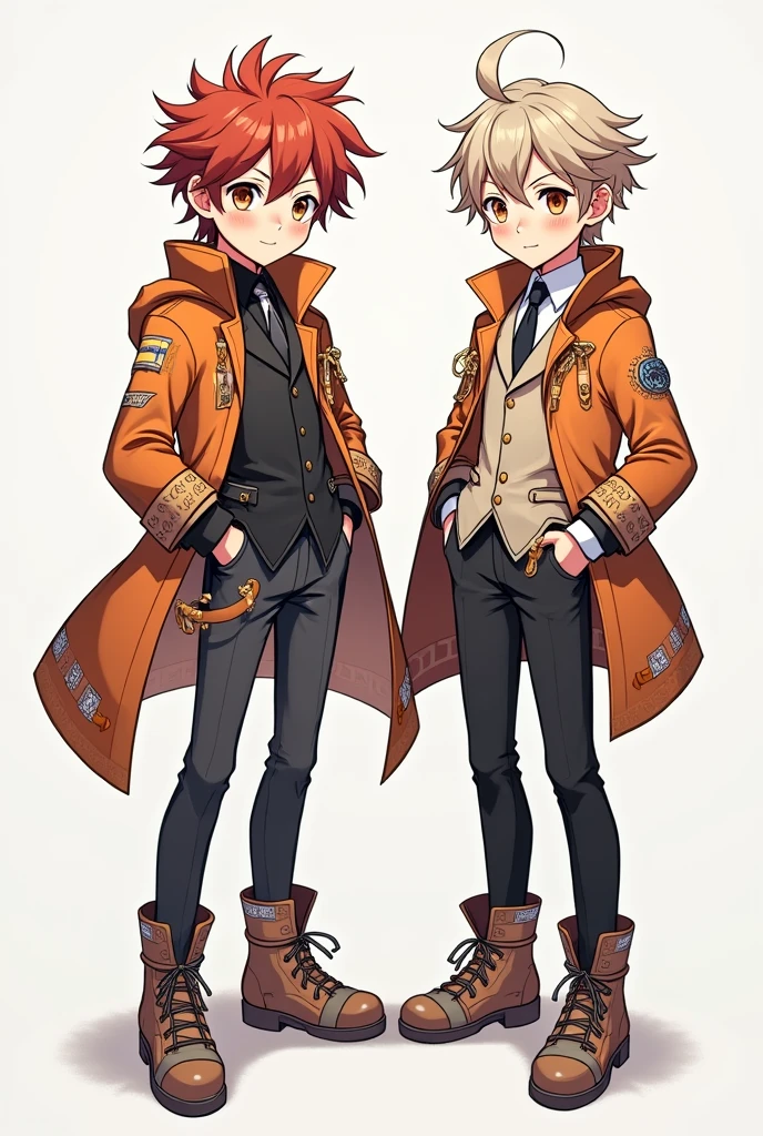 Anime image of 2 boy, with best hairstyle and fancy dress. Standing in normal studio position