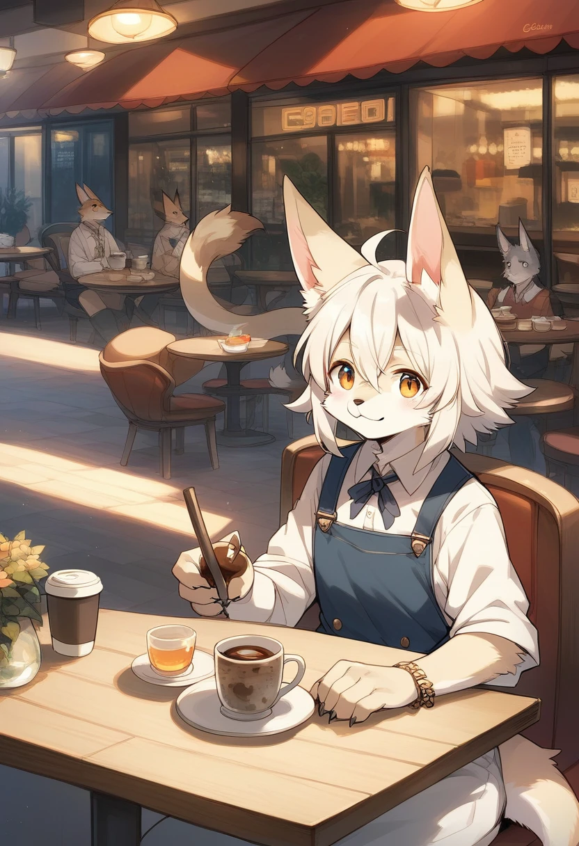 rating_safe, score_9, score_8_up, score_7_up, score_6_up, score_5_up, score_4_up, hires, source_furry, cover page, cafe, Terrace, drink, coffee, staff, absurdres, perfect anatomy, expression, good lighting, cinematic shadow(kemono, furry anthro),
