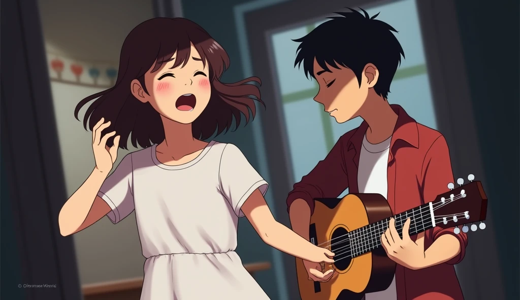 girl singing , boy playing on the guitar