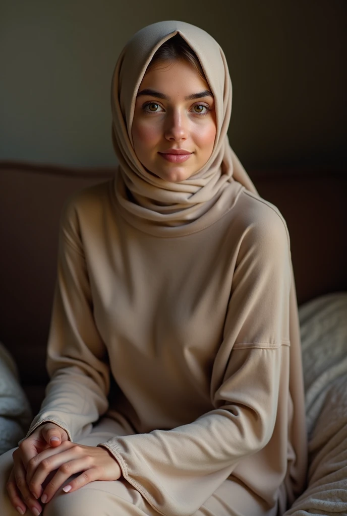 beautiful hijab girl, ?????, not clothes, sitting on a guy's lap