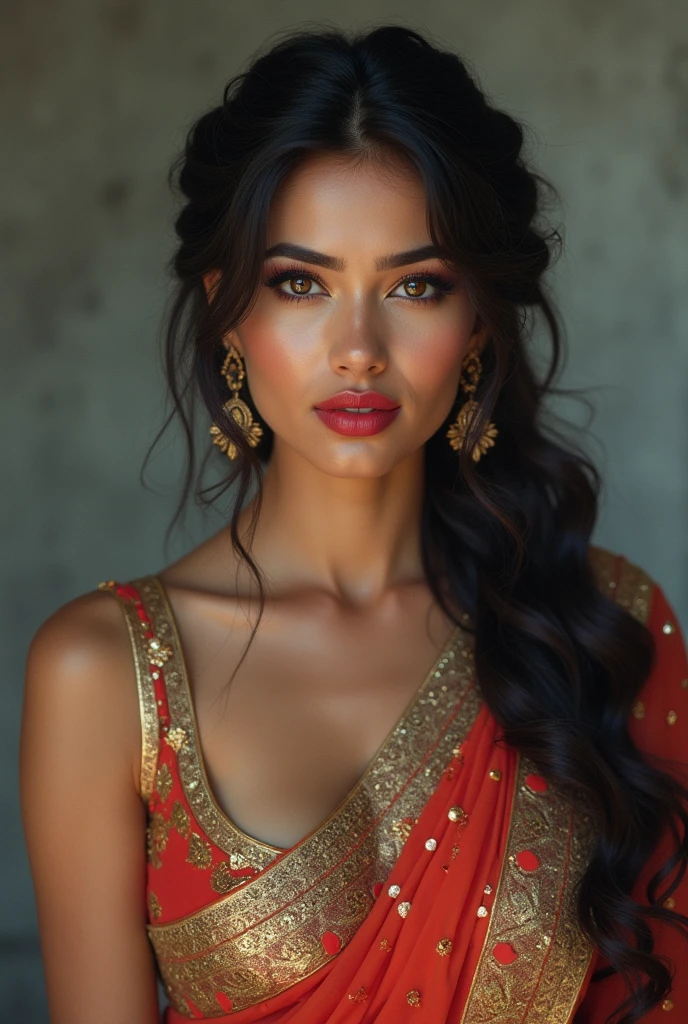 perfect pink eyes, fantastic face, Indian, beautiful look, ((red lips, bright eyes, curve heir 1.5)), ((beautiful details very big breast )), (Straight round and ultra huge clevage, not sagging breast), A glorious gorgeous, glorious gorgeous face, pretty face, bright eyes, detailed elegant printed red saree, updo elegant hair, blurred gray tones background, ultra focus, face ilumined, face detailed, 8k resolution, painted, dry brush, brush strokes, razumov style and garmash style, by Tokaito, 8k portrait of beautiful cyborg with brown hair, intricate, elegant, highly detailed, majestic, digital photography, art by artgerm and ruan jia and greg rutkowski surreal painting gold butterfly filigree, broken glass, (masterpiece, sidelighting, finely detailed beautiful eyes: 1.2), hdr,  naked nude full body aroused armpit 