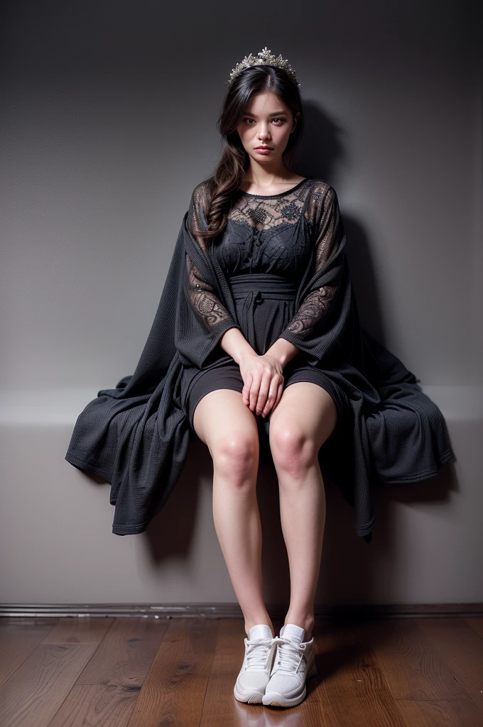 (High quality photo:1.5), 1woman, a 25y very pretty hongkong woman with (cool expression:1.2), (wearing a beauty floral crown:1.2), (sexy:1.3),sitting on the wood stool, (open legs:1.1), (woolen blanket:1.2), (((sneakers))), (chubby:0.8), (perfect hairstyle:1.4), (natural face:1.2), natural warm soft light, (indoor:1.2), (dynamic pose:1.2), facing camera, (abstract paint art wall background:1.4), (still life fashion photography:1.5), (dark moody:1.3), dramatic, real moment, real object, (ultra highly detailed:1.5), (ultra realistic:1.5), detailed face and eyes, (real skin:1.3), (dynamic shadow:1.2), (full body view:1.2), (dynamic angle:1.2), soft focus, shot by mamiya R67, kodacrhome, surreal composition