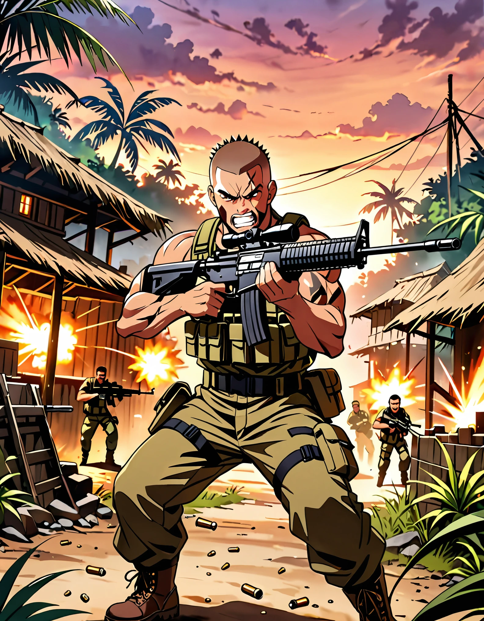 (masterpiece), (best quality), (hires), muscular mercenary, firing machine gun, assault rifle, shell casings, brown hair, brown eyes, (crew cut, spiky hair), (facial hair), (facial scar), angry, clenched teeth, jungle village, dusk, war zone background, tactical gear, combat boots, dynamic action pose, standing, gritty atmosphere.