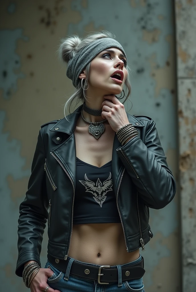 russian milf woman, biker gang member, grey hair (top bun) with bandana headband, with very light blue eyes, extremely pale, heavy eye shadows. Thin. Sad, humbled face, smeared excessive make up and smeared lipstick Wearing black moto jacket, cropped t-shirt with devil logo, skinny blue jeans and black cowboy boots . Lots of metallic bracelets. Tacky thin leather belts superimposed . One hand in her neck, the other in one pocket. Lots of rings. Wide loop earrings. Looks up with amazement like talking to God, mouth and eyes open. Bites her lip and opens her eyes wide