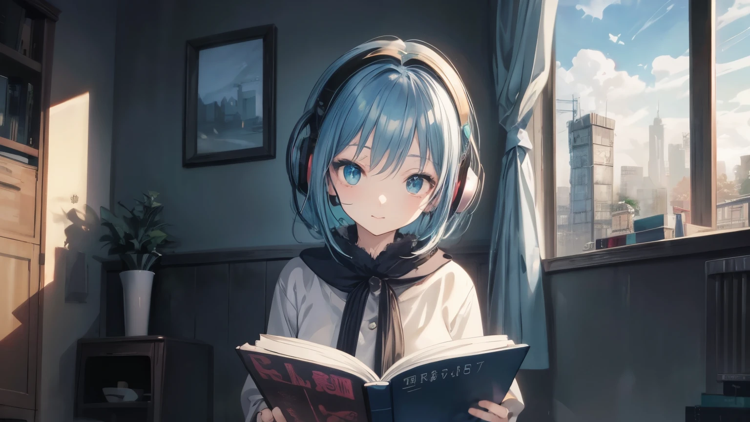 It's midnight and it's raining outside。
Ghibli style anime woman、Age: 22 and adult、Her hair is down.、Blue bob hair、Reading in a room with headphones。
Ghibli-style illustrations、City Pop、LOFI&Chill