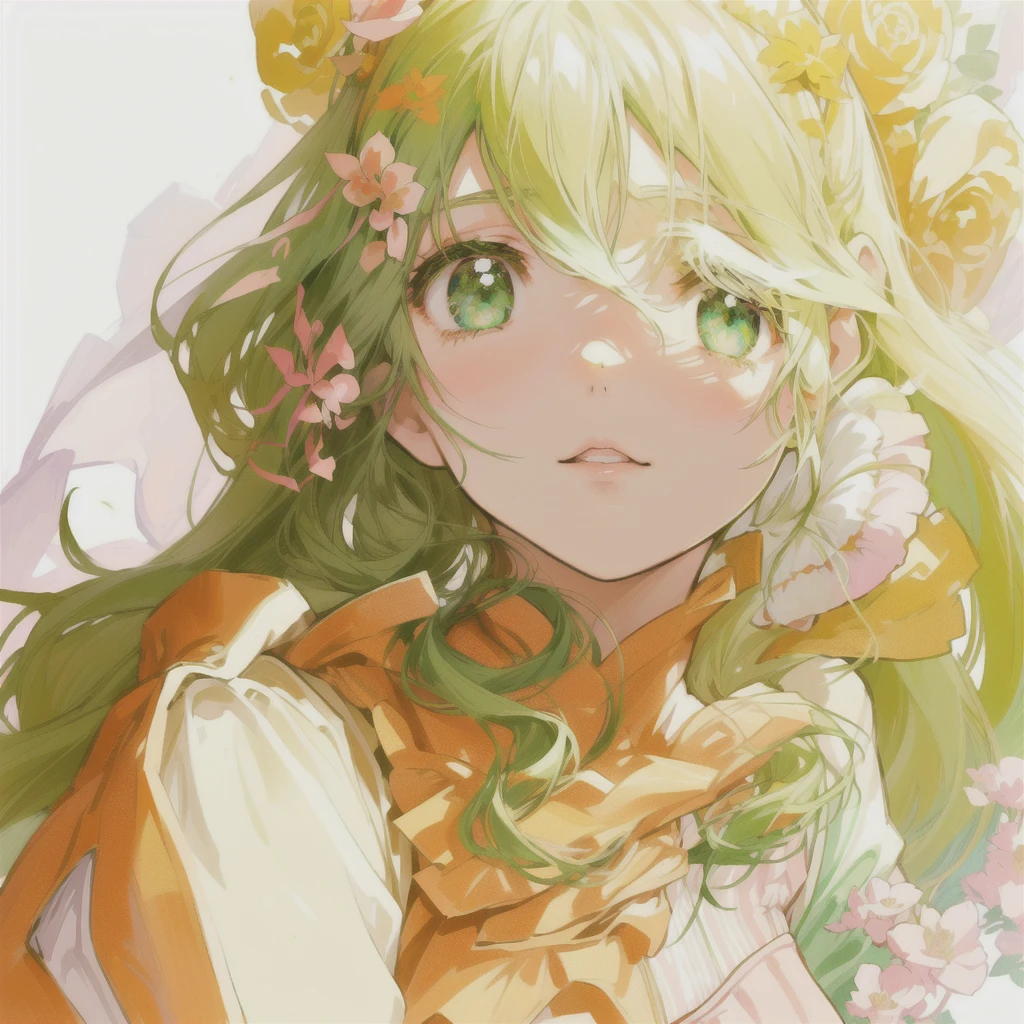 anime girl with long hair and green eyes with flowers in her hair, beautiful anime style, soft anime illustration, beautiful anime portrait, beautiful anime girl, pretty anime girl, beautiful anime art style, digital anime art!!, beautiful anime art, digital manga art, beautiful anime face, beautiful anime, cute anime girl, anime visual of a cute girl, manga art style