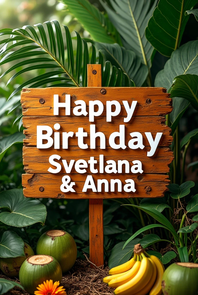 A breathtaking and inspiring photo of a wooden sign filled with bright colors and palm tree leaves. The sign features bold, uplifting phrases : “ Happy Birthday Svetlana & Anna”. Pampas branches, palm trees, coconuts and bananas adorn the sign, and each showcases its unique beauty. The warm wooden background accentuates the bright colors and typography of the sign, creating an atmosphere of hope and encouragement that resonates with viewers., bright, photo, typography