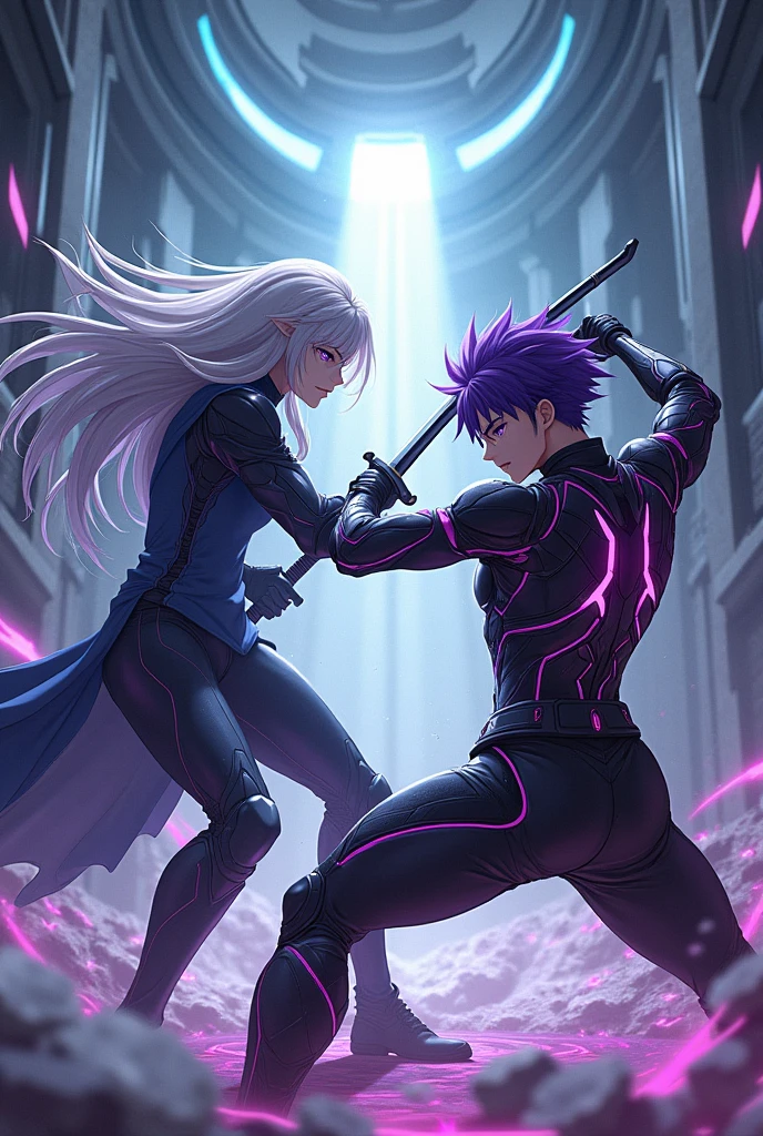Create a furious fight in an underground facility, Two teenage men with katanas, one with long white hair and purple tips and another muscular boy with short purple hair with black eyes and purple pupils, taller than the other boy in fantasy sword fight there are flashes of power, They both wear futuristic ANIME CYBERPUNK STYLE suits 