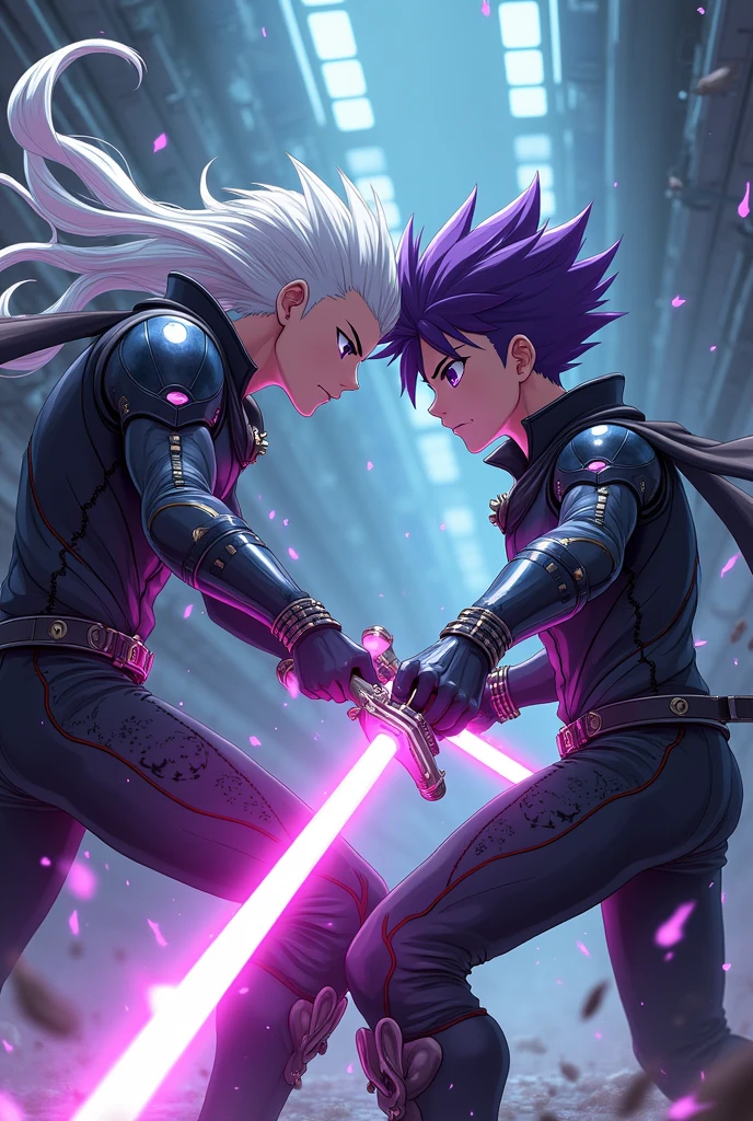 Create a furious fight in an underground facility, Two teenage men with katanas, one with long white hair and purple tips and another muscular boy with short purple hair with black eyes and purple pupils, taller than the other boy in fantasy sword fight there are flashes of power, They both wear futuristic ANIME CYBERPUNK STYLE suits
