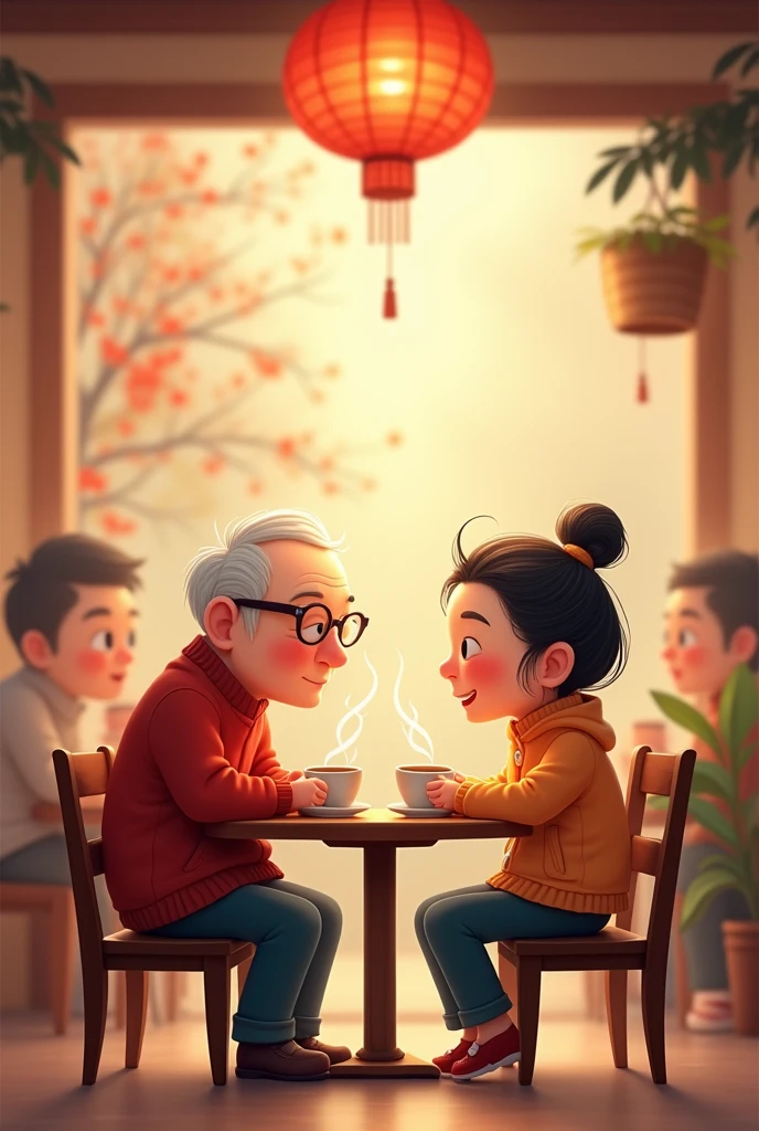 Chinese old couple in cute cantoon face to face seat in coffee house drinking coffee