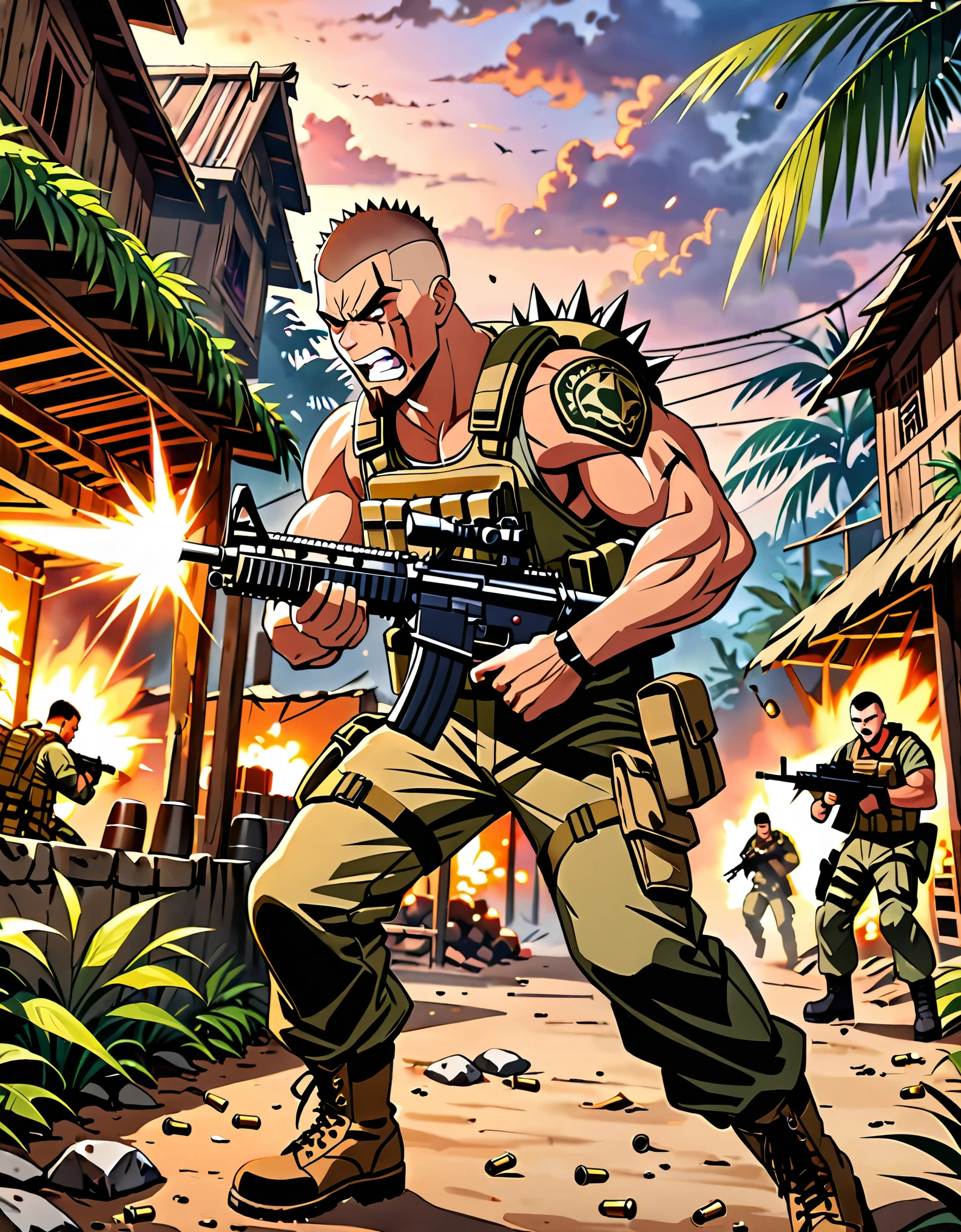 (masterpiece), (best quality), (hires), muscular mercenary, firing machine gun, assault rifle, shell casings, brown hair, brown eyes, (crew cut, spiky hair), (facial hair), (facial scar), angry, clenched teeth, jungle village, dusk, war zone background, tactical gear, combat boots, dynamic action pose, standing, gritty atmosphere.