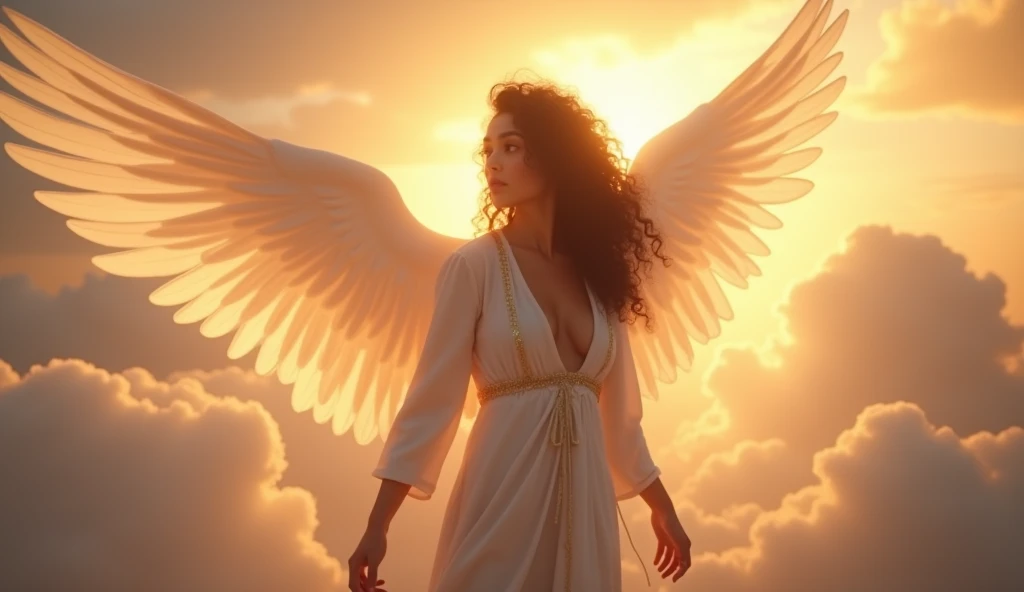An alluring angel with dark, curly hair and luminous skin is surrounded by a halo of soft light. She is gently floating above a sea of clouds, her wings slightly spread. Her attire is a flowing, revealing robe adorned with golden accents. Her gaze is soft and calming, her presence exuding warmth and serenity. The sky around her is a beautiful blend of warm sunset colors, creating a peaceful and relaxing ambiance. Aim for realistic depiction, make sure photos are at highest resolution (8K)