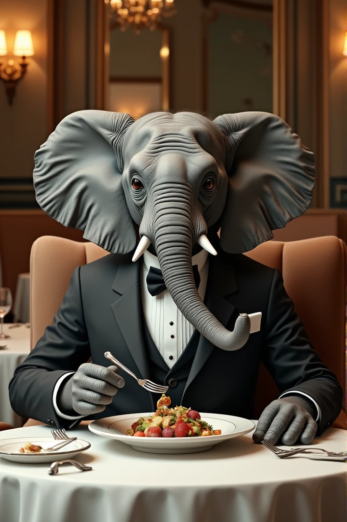 Photo of an elephant wearing a suit and eating in the restaurant