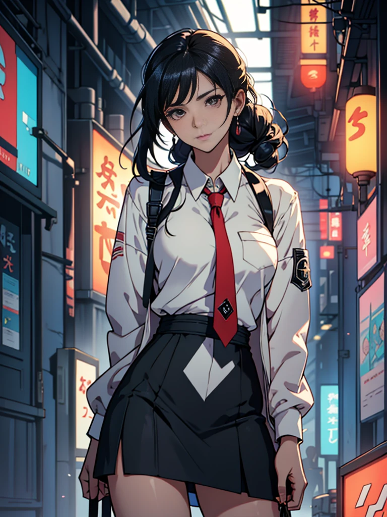 One adult woman with narrow eyes,career woman,Office Lady,business suit,Jacket,Ribbon tie,Tight skirt,pumps,lawyer,cool,gauze, Chanel,Forehead,Anatomically correct, accurate, masterpiece, Highest quality, Winner of numerous awards, Textured skin, retina, retina, Black Hair, Half-up hairstyle, solemn, Column Lineup,Cinematic light effects, Anime Style, Japanese illustration style, Half-up hairstyle, Very adult
