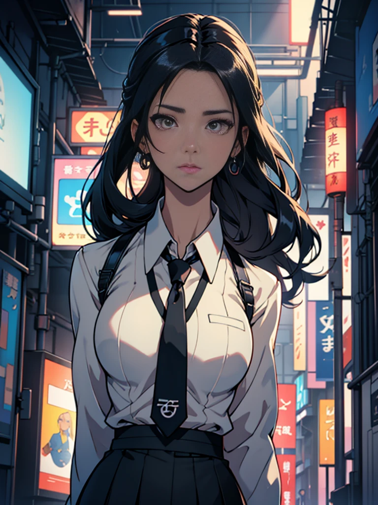 One adult woman with narrow eyes,career woman,Office Lady,business suit,Jacket,Ribbon tie,Tight skirt,pumps,lawyer,cool,gauze, Chanel,Forehead,Anatomically correct, accurate, masterpiece, Highest quality, Winner of numerous awards, Textured skin, retina, retina, Black Hair, Half-up hairstyle, solemn, Column Lineup,Cinematic light effects, Anime Style, Japanese illustration style, Half-up hairstyle, Very adult