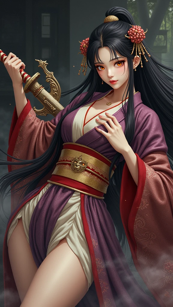 show off long legs,Create a photorealistic full-body image of a female character inspired by the medicine seller from 'Mononoke' in the 'Karakasa' arc, as if it were from a live-action adaptation. She has long, flowing black hair styled elegantly, and her face is adorned with traditional geisha-style makeup. Include the same sharp, artistic orange eye makeup with small red gems near the eyes, and a delicate pink lip color. She is holding a sword inspired by the Taima sword from a specific reference image, with intricate designs and a demonic face on the hilt. The woman is dressed in a traditional yet intricately designed kimono with rich, textured fabrics, blending deep reds, purples, and golds. The background depicts a traditional Japanese setting with a supernatural atmosphere, such as a haunted temple or a misty forest. The overall mood should be mysterious and eerie, capturing the full essence of the character in her environment.