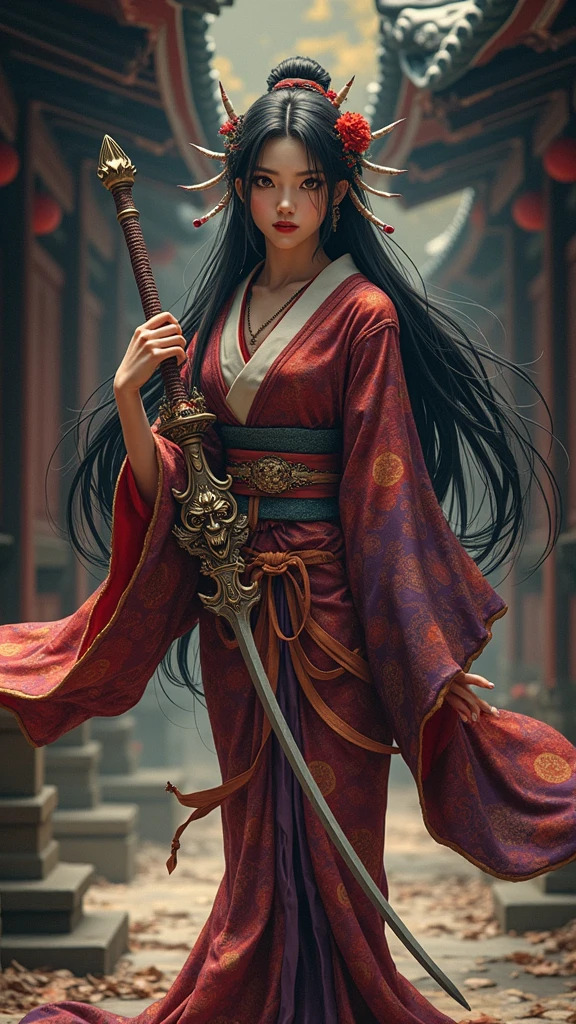 show off long legs,Create a photorealistic full-body image of a female character inspired by the medicine seller from 'Mononoke' in the 'Karakasa' arc, as if it were from a live-action adaptation. She has long, flowing black hair styled elegantly, and her face is adorned with traditional geisha-style makeup. Include the same sharp, artistic orange eye makeup with small red gems near the eyes, and a delicate pink lip color. She is holding a sword inspired by the Taima sword from a specific reference image, with intricate designs and a demonic face on the hilt. The woman is dressed in a traditional yet intricately designed kimono with rich, textured fabrics, blending deep reds, purples, and golds. The background depicts a traditional Japanese setting with a supernatural atmosphere, such as a haunted temple or a misty forest. The overall mood should be mysterious and eerie, capturing the full essence of the character in her environment.