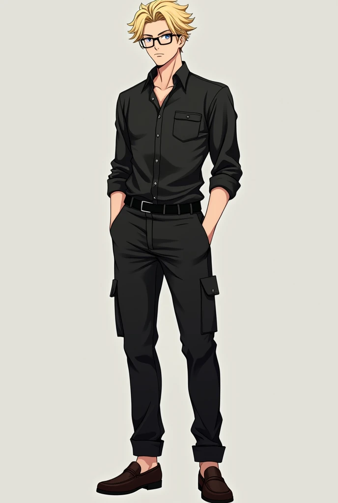 Handsome Men anime character with Sailor Uranus haircut,blonde color. wearing glasses, black shirt with collar, black cargo pants and dark chocolate loafers
