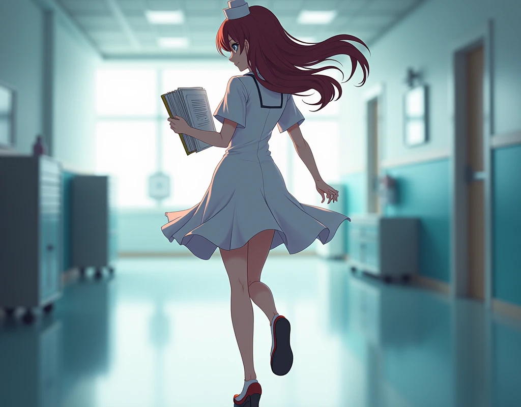 anime nurse, view from behind, form fitting nurse dress, looking to the front, carrying documents, wide pronounced hips, shaking hips to the left, walking. face not visible.