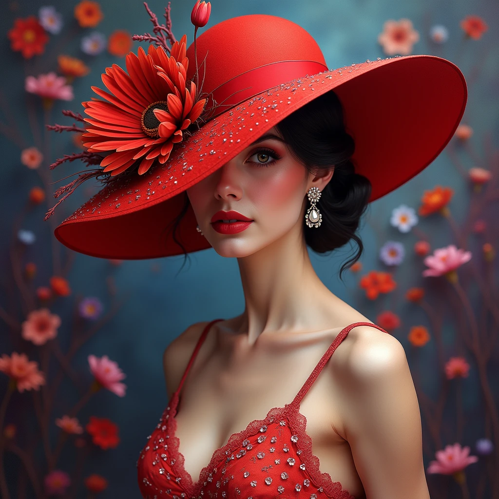A captivating hyperrealistic illustration of a sophisticated woman wearing a luxurious wide-brimmed red hat that elegantly covers part of her face. The hat is adorned with a stunning floral arrangement, adding to the overall allure of the portrait. Her outfit consists of a refined dress with a delicate pattern, accentuating her poise and elegance. The background is a blend of rich, vibrant colors, including deep purples, blues, and oranges, which complement and enhance the subject's striking presence. The overall scene exudes a sense of glamour and refinement, with a touch of whimsy and enchantment., vibrant, illustration