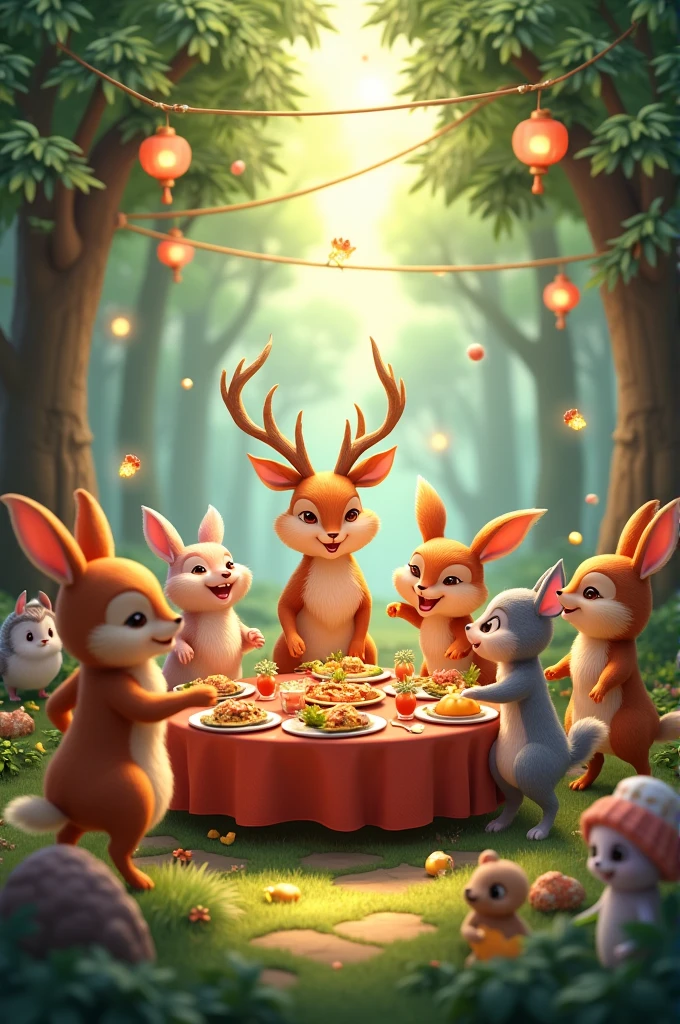 All the forest animals gathering around, celebrating with joy. They are singing, dancing, and having a feast together.3d
