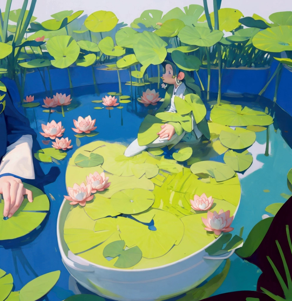 cartoon drawing of a girl riding a frog in a pond, lying on lily pad, in a pond, in a swamp, monet and da vinchi art style, sitting at a pond, frog themed, peepo the frog!!!, inspired by Yanagawa Shigenobu, cel - shaded art style, in a lake, lily pad, with a cute toad, lotus flowers