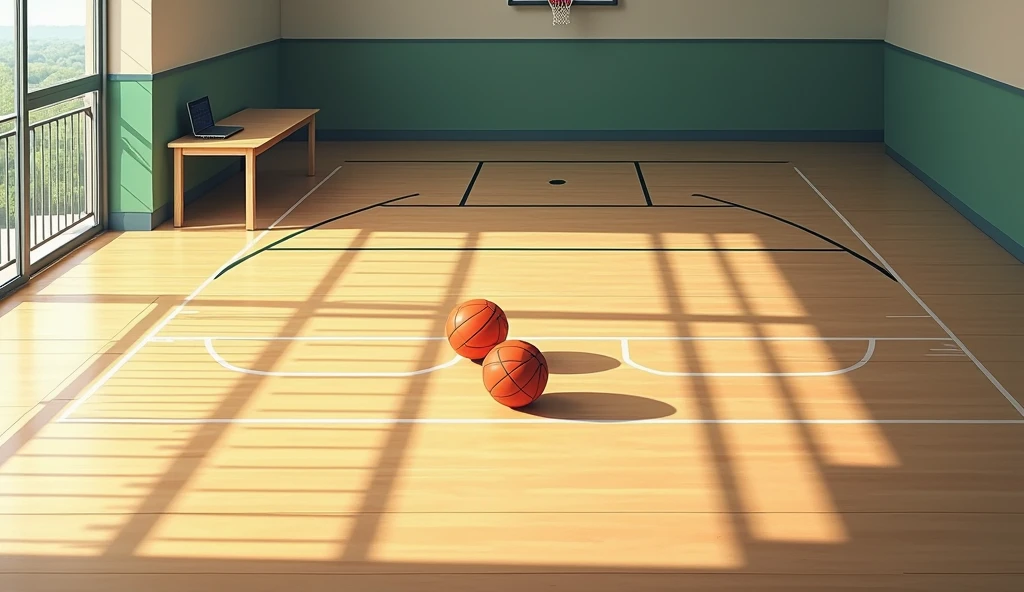 a Japanese school basketball court. the floor is wooden, the court is empty without any people; there are 2 basketball balls on the floor, and there is a table outside the court with a laptop; masterpiece, super detailed. photo from 45 degrees angle,