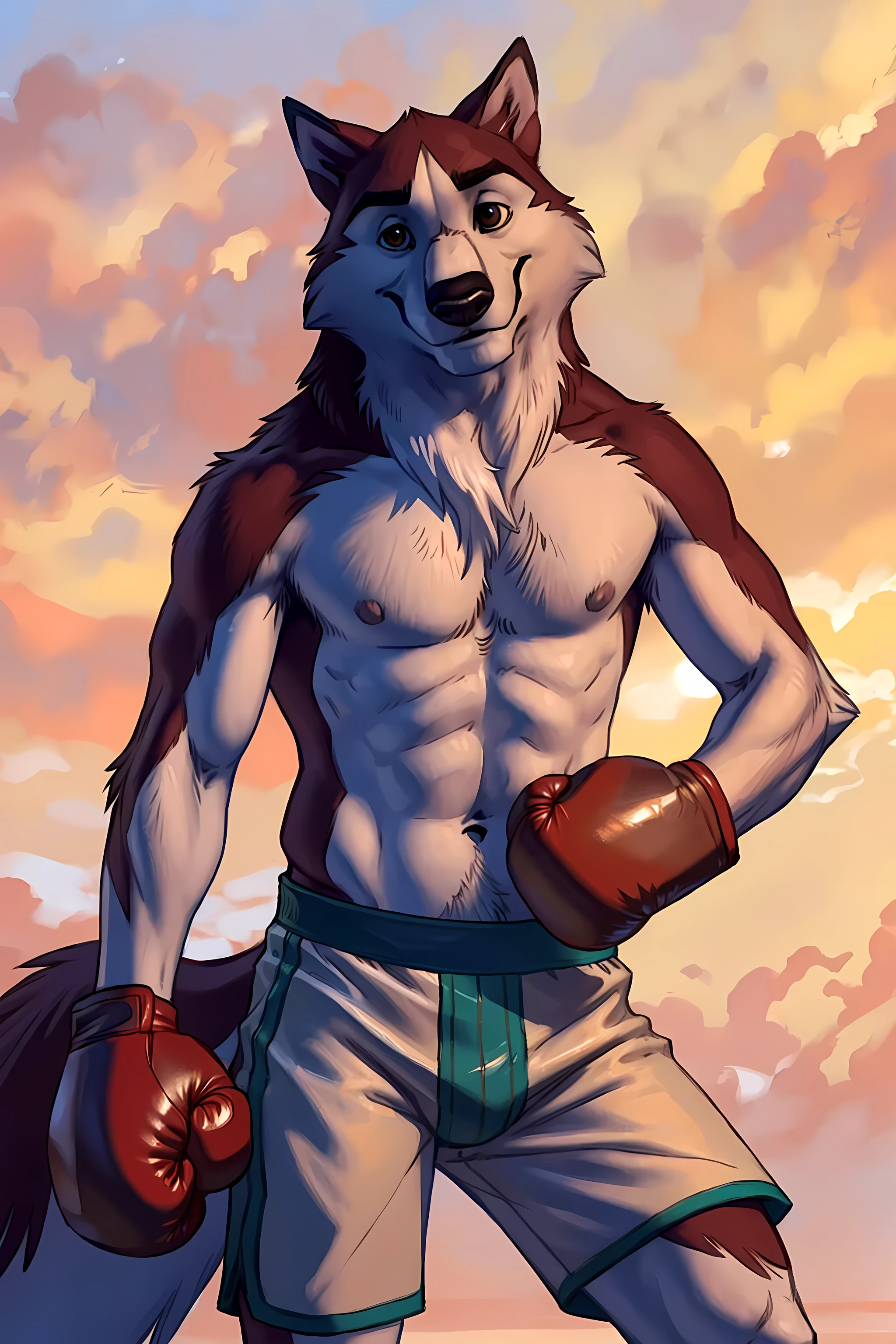 kodiak(balto film), red fur, detailed, detailed face, detailed eyes, anthro body, black lineart, black outline, male, young adult, muscular body, brown eyes, cartoon shading, confident, proud, smile, front view:1.1, boxing shorts, full body:1.2, wolf tail, (wearing boxing gloves, detailed boxing gloves):1.1, (no background, white background):1.5, bare chest, by taran fiddler, by rukis