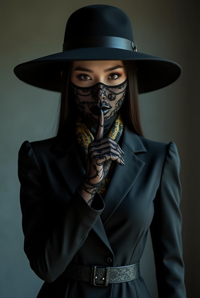 A Japanese woman wearing a full-head black lace mask that covers her mouth and nose and cuts out only for the eyes、Long black lace gloves、Black Suit、Elegant wide brim black hat、Putting a finger to the lips、Black and gold scarf